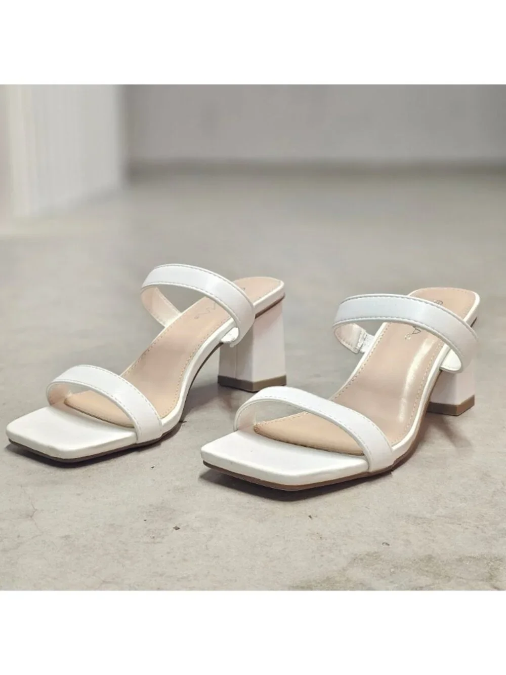 White Faux Leather Block Heel Sandals With Double Straps & Square Toe For Women - Picture 8 of 15